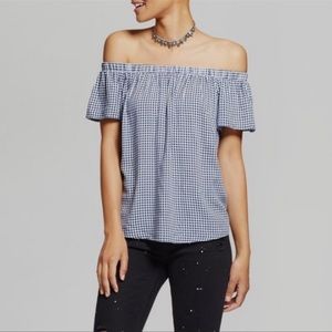 Mossimo Blue and White Off the Shoulder Checkered Top | Women’s Size XS